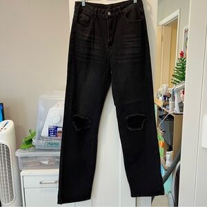 SHEIN Black Straight Leg Distressed Jeans